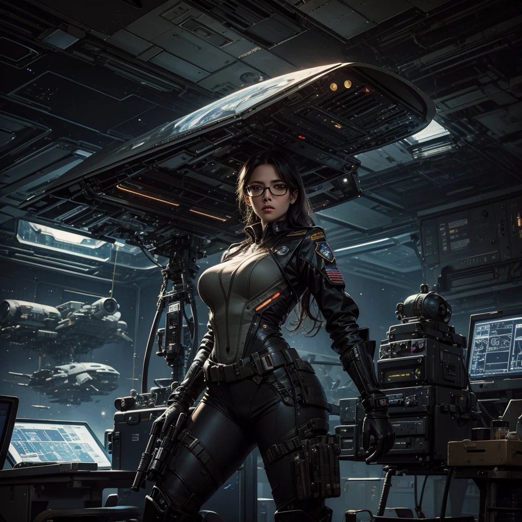 
a sexy bespectacled woman in a  futuristic military  uniform scouts a crashed alien spaceship near an interplanetary base