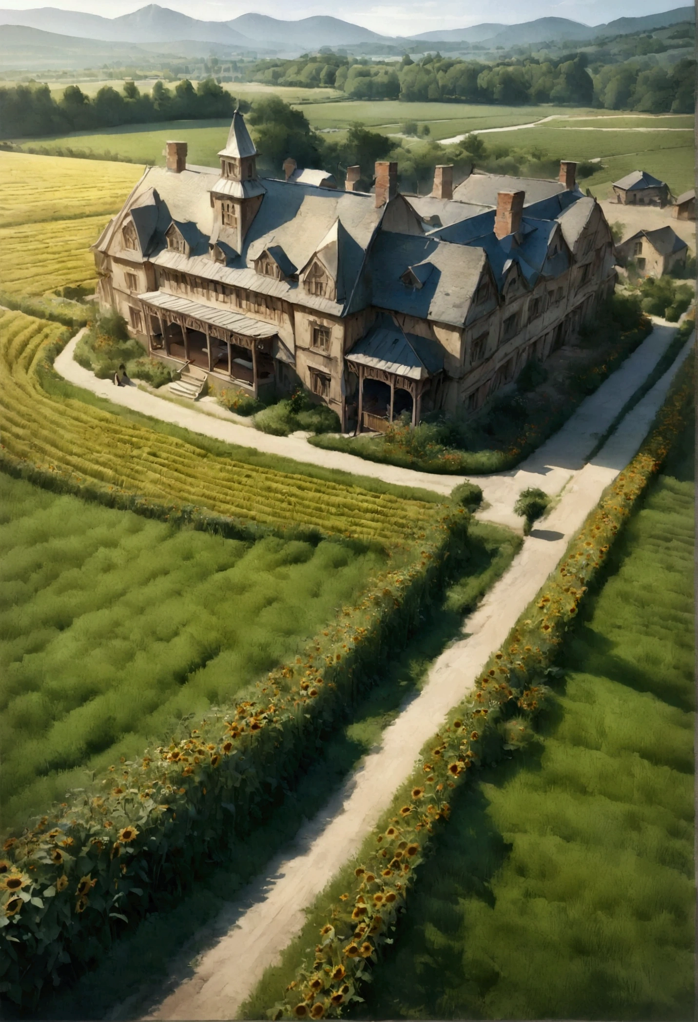 brasilian photograph, (best quality,4k,8K,High resolution,masterpiece:1.2),Extremely detailed,(Practical,photoPractical,photo-Practical:1.37),drone shot,A large mansion,farmland,storehouse,Green lush landscape,Tranquil atmosphere,Impressive architecture,Vibrant colors,Clear blue sky,strong sunlight,rustic charm,,Studio Lighting,Broad horizons,Detailed texture,Crisp details,professional,Harvest in progress,Agricultural activities,Busy workers,Livestock grazing,Blooming sunflowers,Wheat fields stretch to the horizon,The hotel is surrounded by lush greenery,Well maintained gardens,Manicured lawn,The mountains in the distance provide a picturesque backdrop,Dangerous yet peaceful environment.