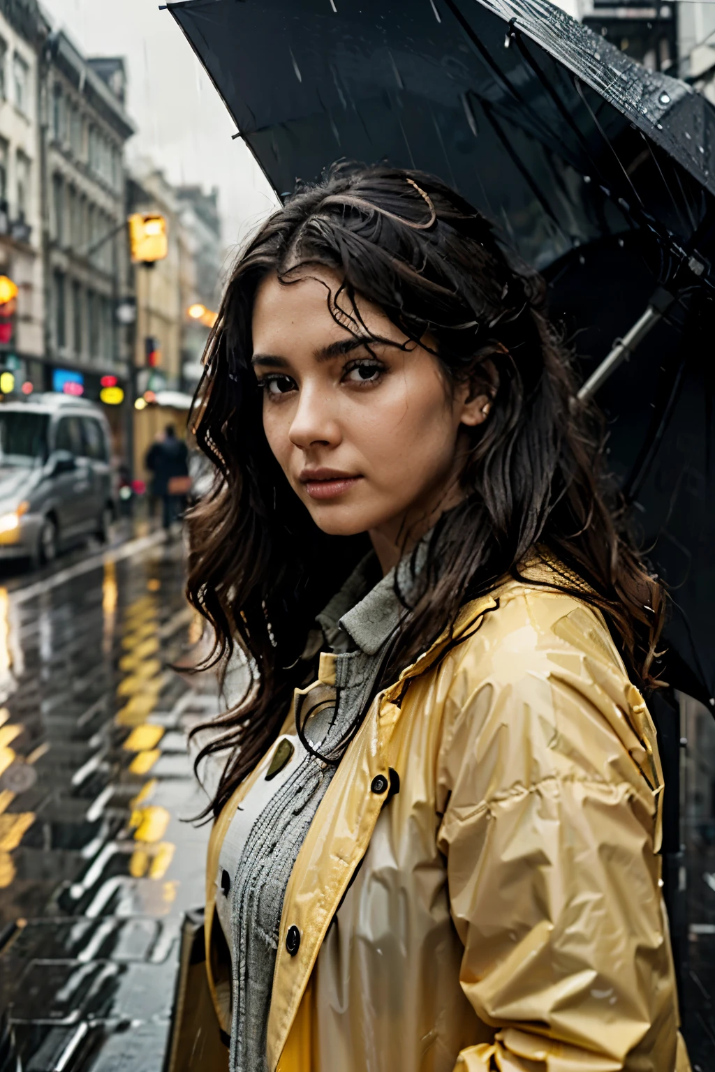 a woman wearing a yellow raincoat,holding an umbrella,standing in the rain,detailed facial features,beautiful eyes,detailed skin texture,long curly hair,dynamic pose,rainy city street scene,reflections on the wet ground,moody lighting,muted color palette,cinematic composition,dramatic atmosphere