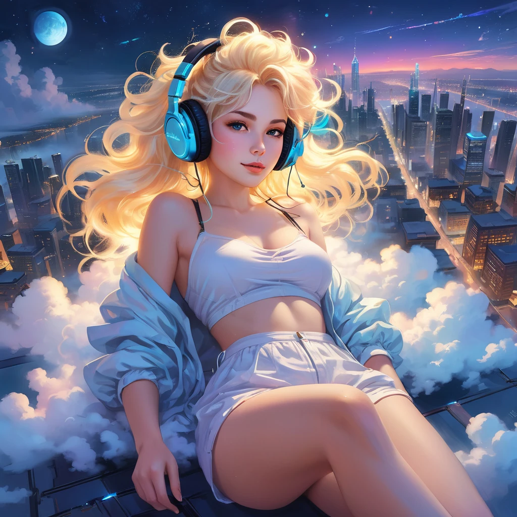 a beautiful 20 year old blonde woman with big messy hair laying down on a cloud in the sky floating over a cityscape at night, wearing headphones, twinkling stars and glowing moon, fantasy art style, rossdraws cartoon vibrant, cyberpunk, cute detailed digital art, colorfull digital fantasy art, digital fantasy art ), glossy digital painting, rossdraws pastel vibrant, rossdraws 2. 5, rossdraws 1. 0