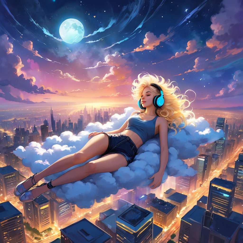 a beautiful 20 year old blonde woman with big messy hair laying down on a cloud in the sky floating over a cityscape at night, wearing headphones, twinkling stars and glowing moon, fantasy art style, rossdraws cartoon vibrant, cyberpunk, cute detailed digital art, colorfull digital fantasy art, digital fantasy art ), glossy digital painting, rossdraws pastel vibrant, rossdraws 2. 5, rossdraws 1. 0