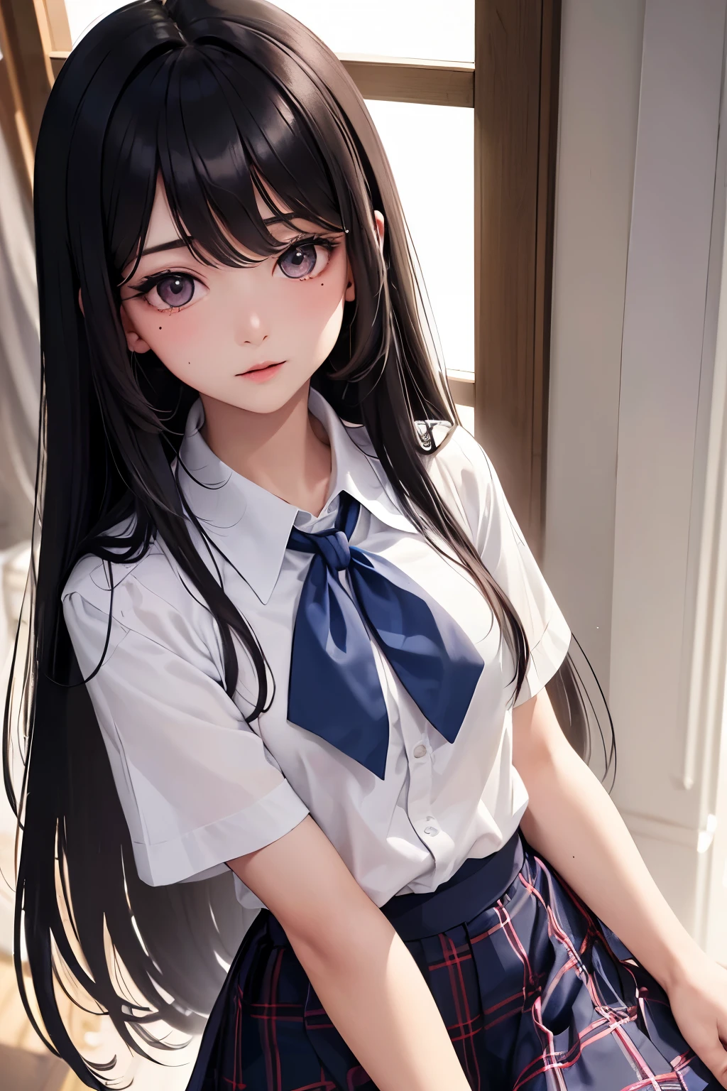 (Highest quality、Highest quality、Masterpiece、Very delicate、Very detailed、Exquisite、16K、Full HD)、1 female、(Schoolの制服、White short sleeve button shirt、Blue ribbon tie、Navy and white tartan check pleated skirt)、Small breasts、Perfect body line、Glowing Skin、(Groomed eyebrows、Pink Lips、Brown eyes、Big eyes、Mole under the right side of the mouth)、(Black Hair、Straight Long Hair、Shiny Hair)、Dramatic lighting、front、(School)