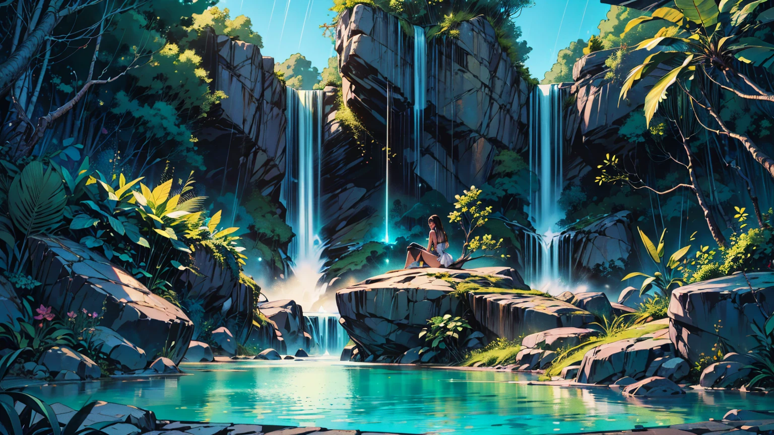 1 beautiful woman with long dark brown hair,perfect body,huge breasts,extremely sexy and attractive poses,in huge tropical jungle with waterfalls,wearing a transparent very wet dress,(best quality,4k,8k,highres,masterpiece:1.2),ultra-detailed,(realistic,photorealistic,photo-realistic:1.37),photorealistic,highly detailed,cinematic lighting,dramatic lighting,warm color palette,volumetric lighting,lush tropical foliage,fantasy landscape