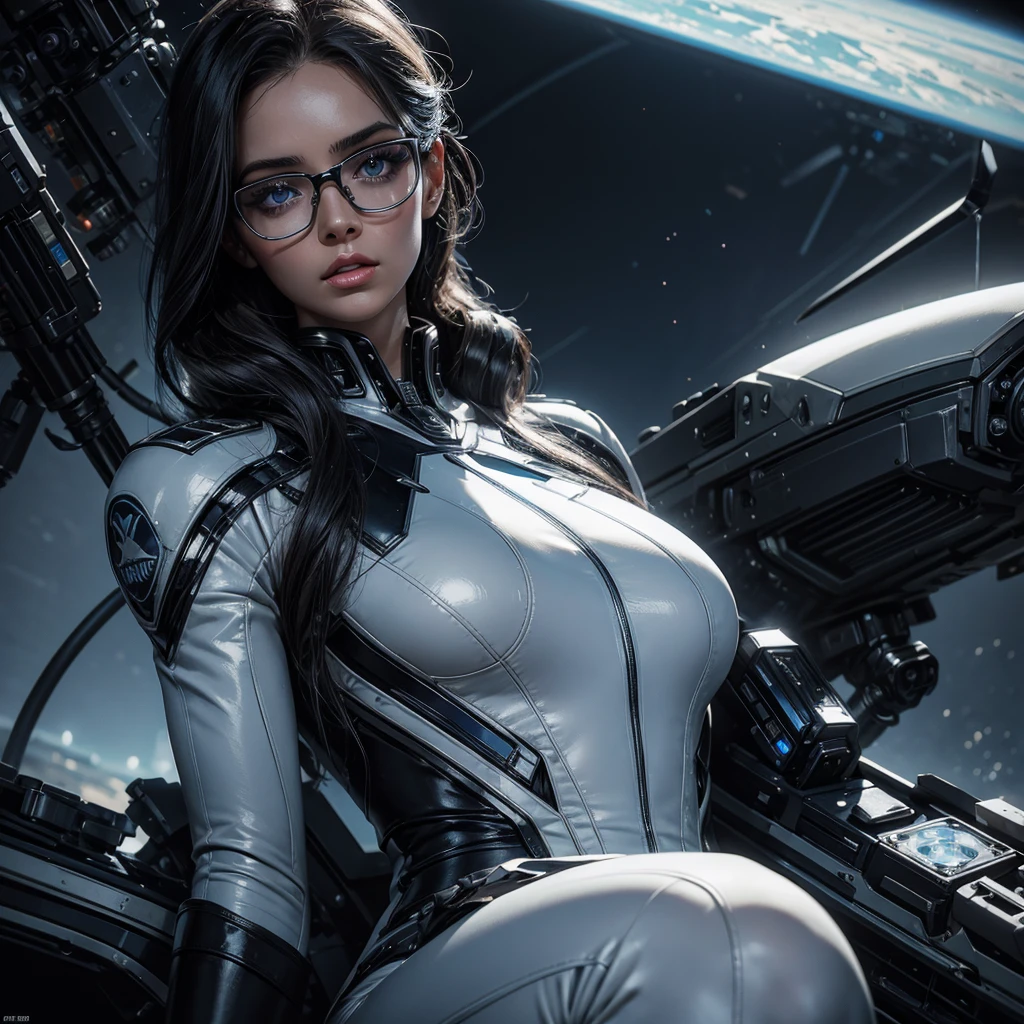 a sexy bespectacled woman in a futuristic military uniform, beautiful detailed eyes,beautiful detailed lips,extremely detailed eyes and face,longeyelashes, pristine white and blue uniform, high-tech alien spaceship, crashed alien spaceship, interplanetary military base, detailed science fiction landscape, dramatic lighting, cinematic camera angle, hyper realistic, 8k, best quality, photorealistic, masterpiece