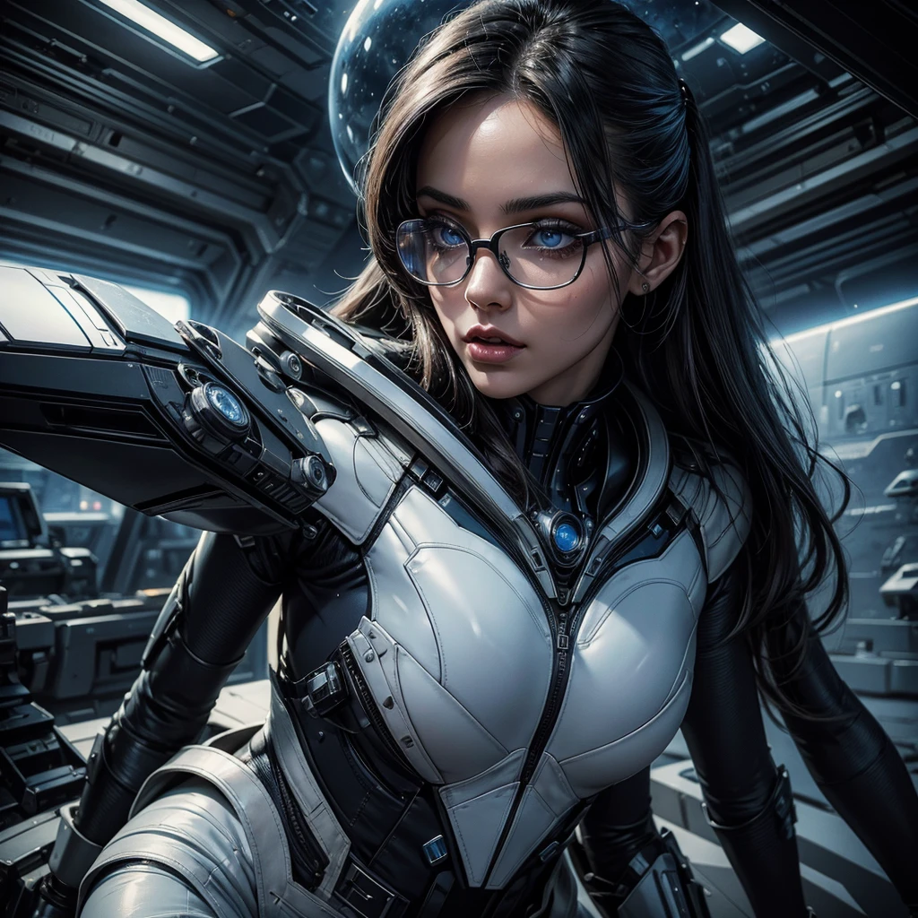 a sexy bespectacled woman in a futuristic military uniform, beautiful detailed eyes,beautiful detailed lips,extremely detailed eyes and face,longeyelashes, pristine white and blue uniform, high-tech alien spaceship, crashed alien spaceship, interplanetary military base, detailed science fiction landscape, dramatic lighting, cinematic camera angle, hyper realistic, 8k, best quality, photorealistic, masterpiece