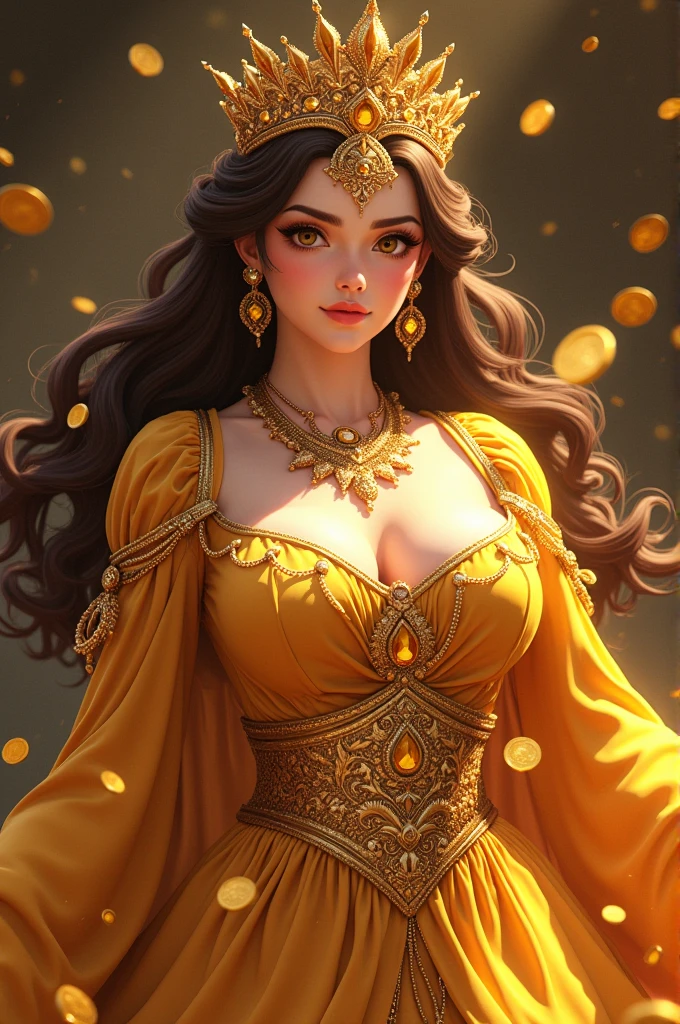 Aurum is an imposing and luxuriant female figure, with a generous, curvaceous silhouette reminiscent of anime characters. You are dressed in queen's clothes, adorned with golden jewels and precious stones that shine brightly. Your gaze is penetrating and full of intensity, transmitindo poder e autoridade. You are surrounded by coins and shiny elements that accentuate your aura of wealth and magnificence.