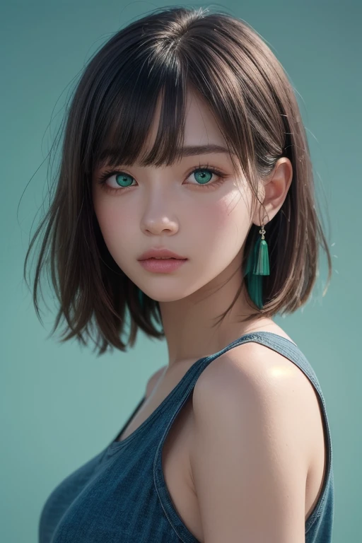 MEDIUM SHOT,high quality, masterpiece, (realistic, photo-realistic:1.2) ,high definition, ultra detailed, raw photo,depth of field, 1girl, green eyes, medium hair, bangs, portrait, upper body, shoulder, shirt, simple background, blue background