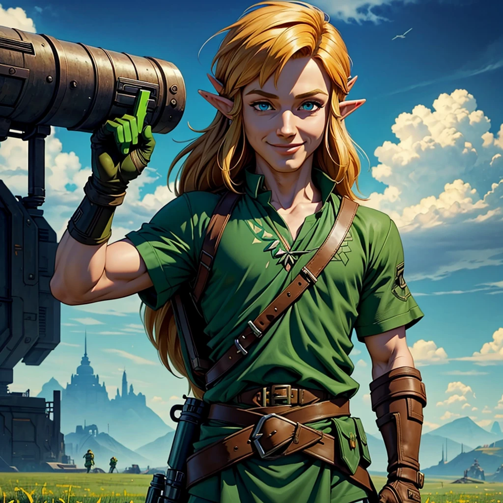 masterpiece, Best Quality, root link, has, green tunic, belt, Gloves without fingers, Upper part of the body, gun on the back, looking at the viewer, Serious, smile, sky, field, clouds, male focus, zelda link character, futuristic clothing, cyber punk style clothing