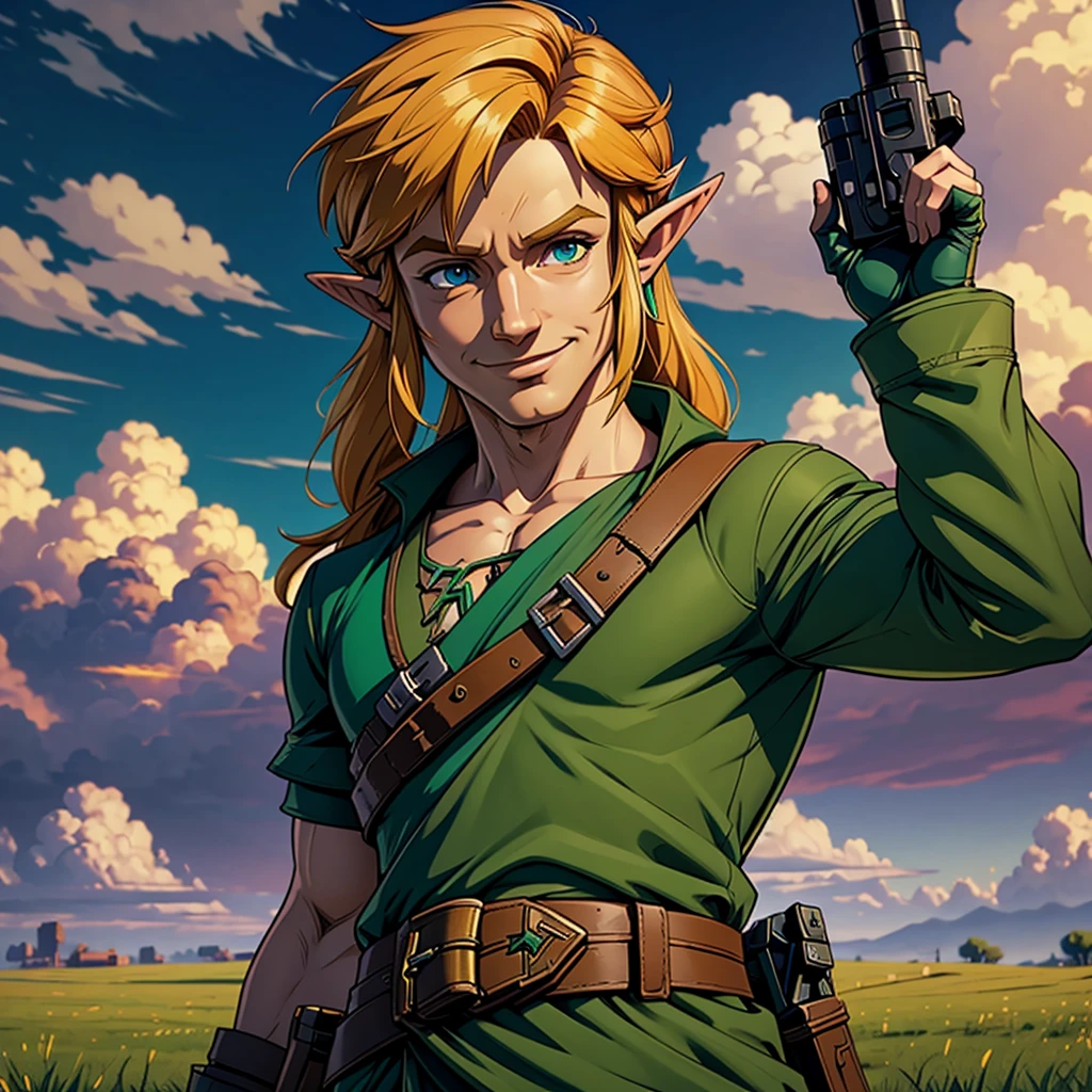 masterpiece, Best Quality, root link, has, green tunic, belt, Gloves without fingers, Upper part of the body, gun on the back, looking at the viewer, Serious, smile, sky, field, clouds, male focus, zelda link character, futuristic clothing, cyber punk style clothing