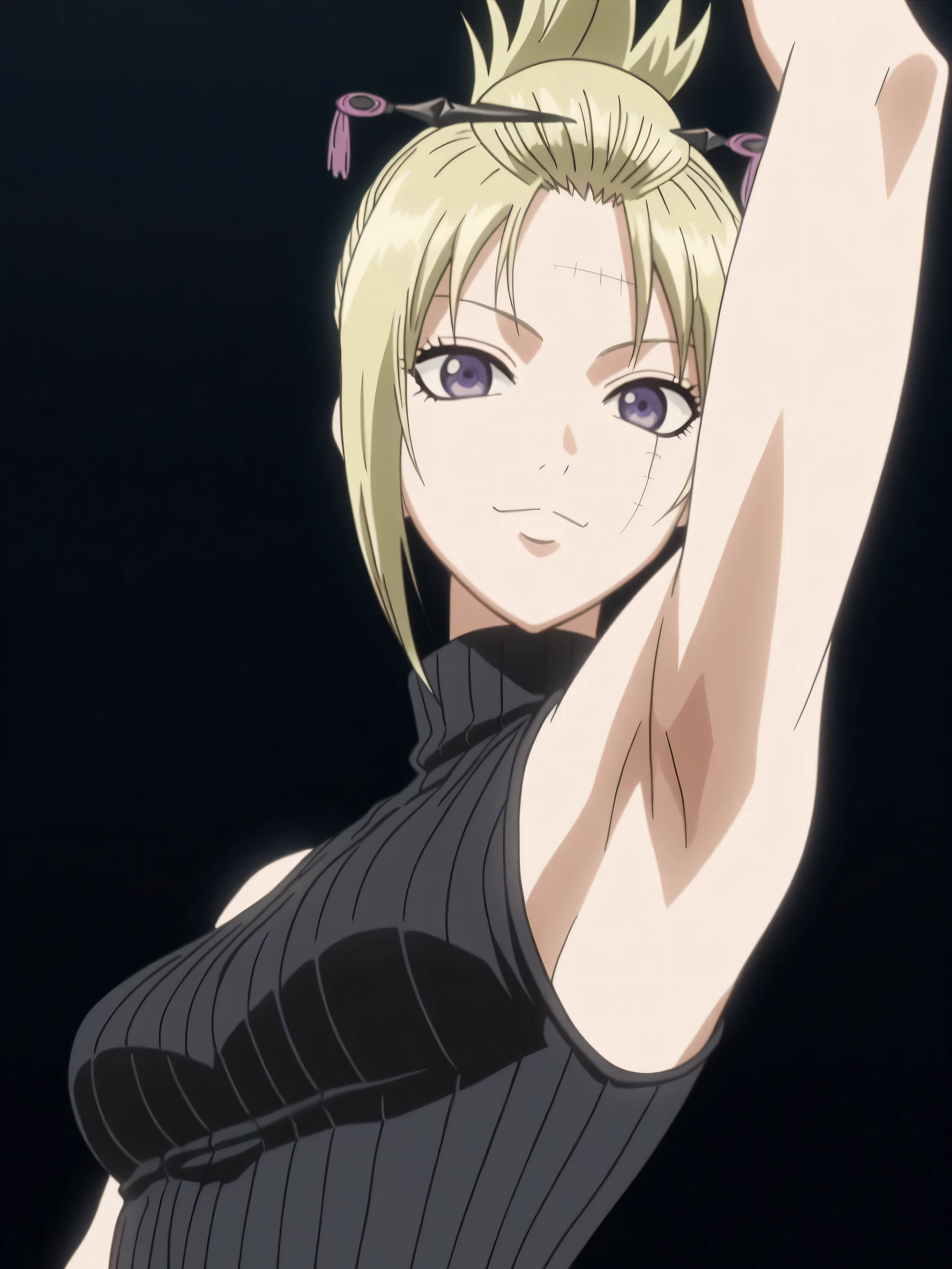 score_9, score_8_up, score_7_up, source_anime, Tsukuyo, blonde hair, folded ponytail, scar on face, purple eyes, sweater, ribbed sweater, ribbed, turtleneck, black sweater, sleeveless sweater, bare shoulders, 1girl, solo, anime screencap, frontlighting, simple background, black background, dark background, soft light, shiny skin, shiny hair, looking at viewer, eye contact with viewer, evil smile, closed mouth, arms up, raised arms, armpits, in the center, symmetrical, upright,