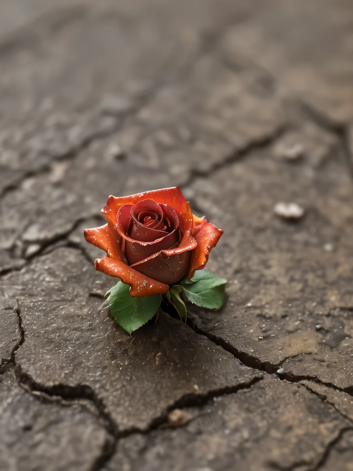 masterpiece, professional macro photography, professional macro photography, small sprouting rose (brittle) from a crack in a concrete path (rainy day), soft bounced lighting, amazing depth of field, shot from a low angle, shot on Lumix GH5 (cinematic bokeh, dynamic range, vibrant colors)