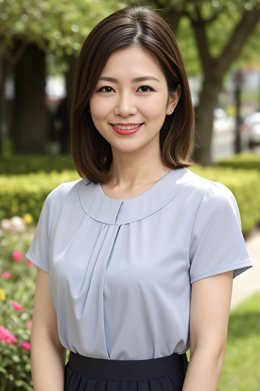 Standing in the park, Wrinkles around the eyes, Smiling with teeth showing, Blue blouse, senior citizen, Draw lips correctly, Red lipstick, No discomfort, 16K, Highest quality, Very detailed, Realistic, Very detailed肌, (Japanese), (alone), 45 years old, Large Breasts, , Glamour, sexy, Chromo White Skin, Staring straight ahead,