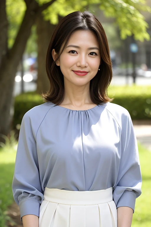 Standing in the park, Wrinkles around the eyes, Smiling with teeth showing, Blue blouse, senior citizen, Draw lips correctly, Red lipstick, No discomfort, 16K, Highest quality, Very detailed, Realistic, Very detailed肌, (Japanese), (alone), 45 years old, Large , , Glamour, sexy, Cmo White Skin, Staring straight ahead,