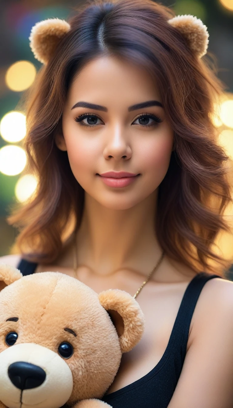 UHD, close-up of beautiful female, 34 inch breasts size, wearing zipper tank top, necklace, hugging big teddy bear, bokeh background