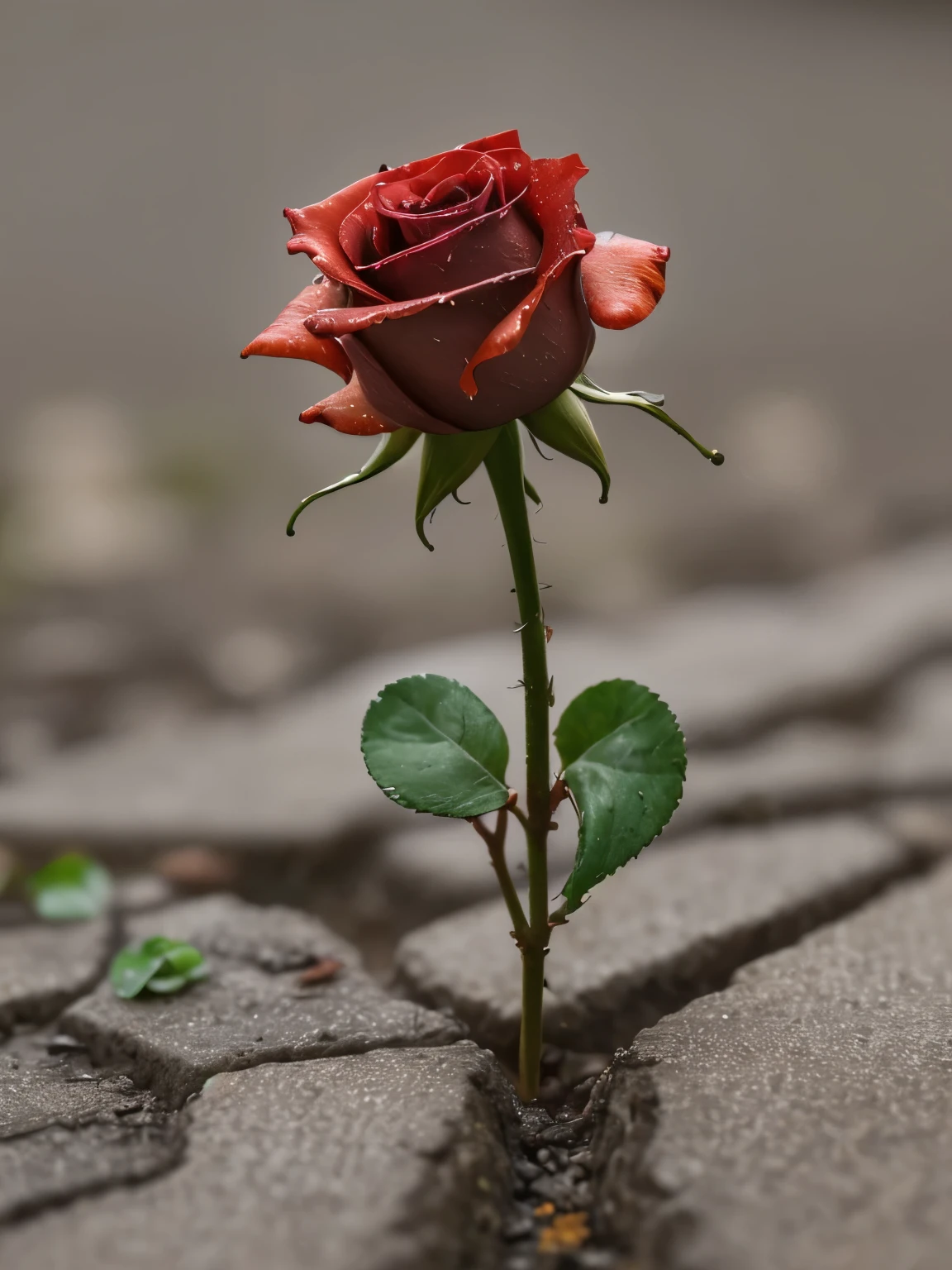 masterpiece, professional macro photography, professional macro photography, small sprouting rose (brittle) from a crack in a concrete path (rainy day), soft bounced lighting, amazing depth of field, shot from a low angle, shot on Lumix GH5 (cinematic bokeh, dynamic range, vibrant colors)