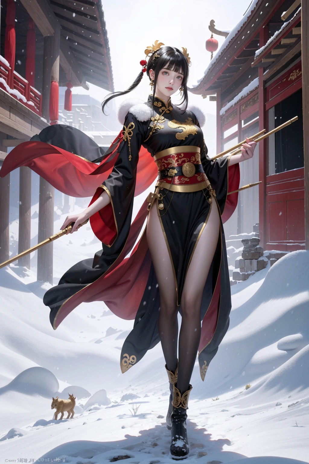 1girl,black hair,Beautiful face, Asian woman, Chinese style clothing,Red cape,full body,outdoors,snow,snowing,solo,winter,Master lens, golden ratio composition, (Canon 200mm f2.8L) shooting, large aperture, background blur.