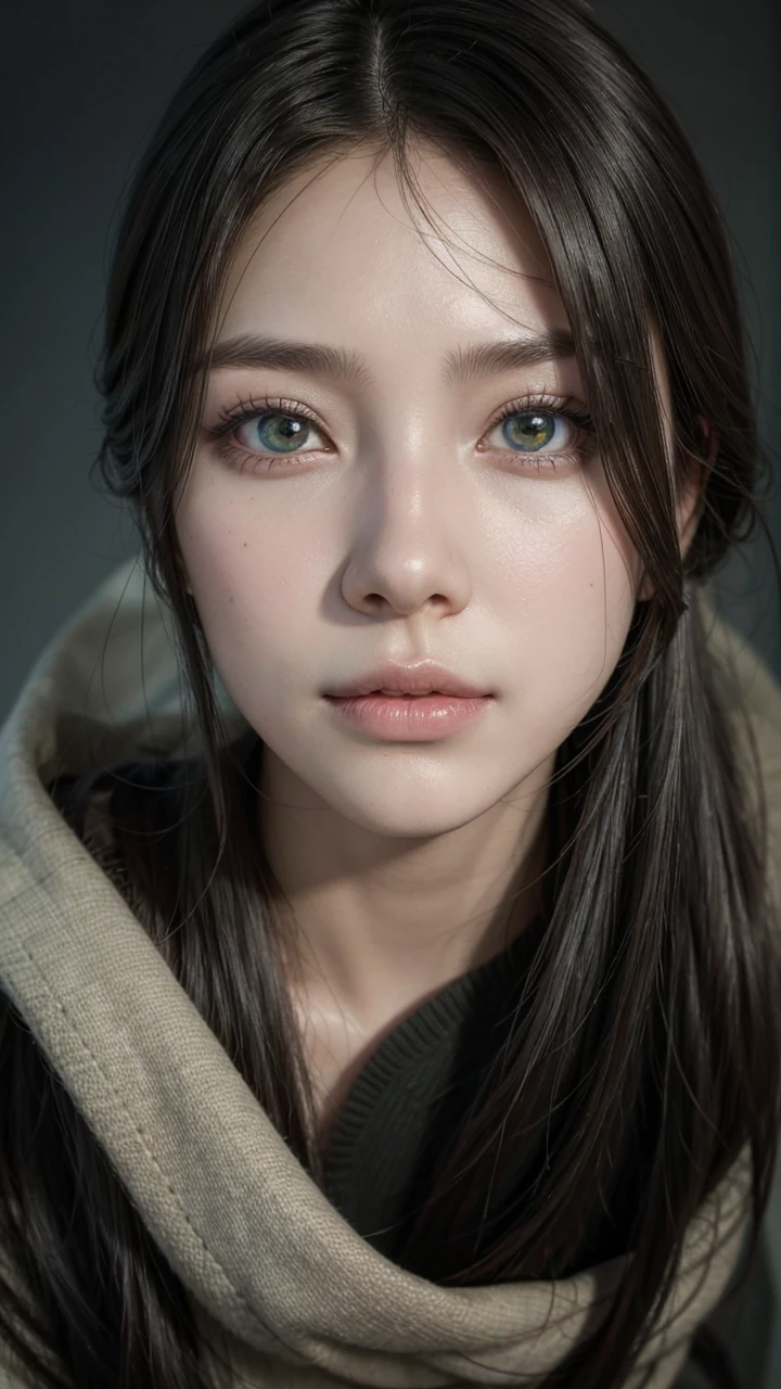 longye hair, leave your face as smooth as artificial intelligence, contoured mouth, clear natural greenish eyes