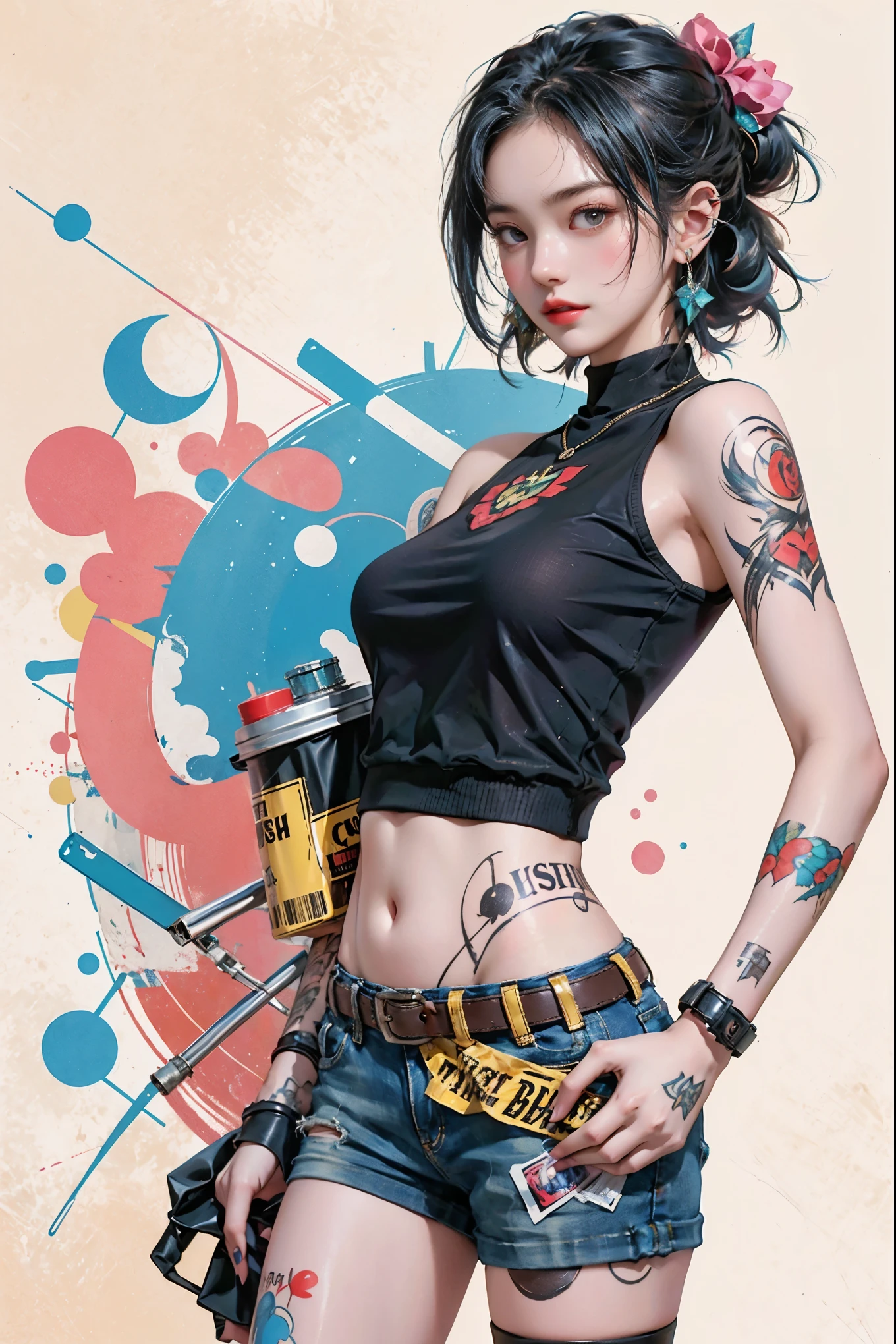 Digital collage with a style like Trash polka tattoos. The theme is music.