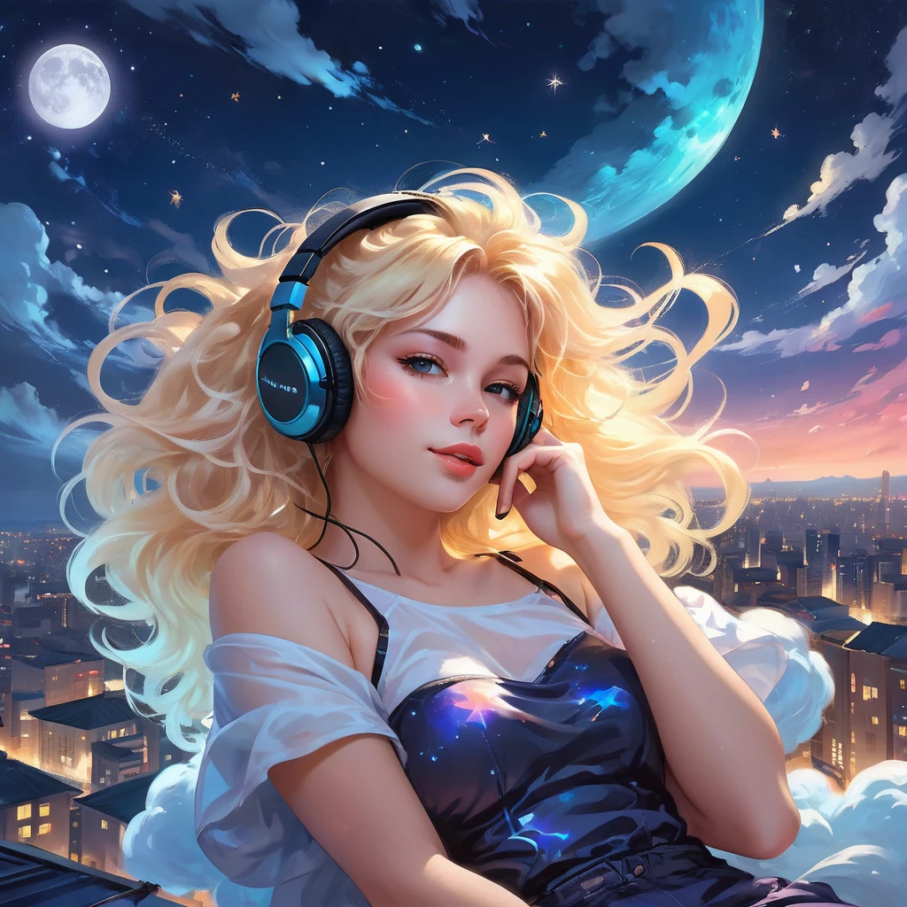 a beautiful 20 year old blonde woman with big messy hair laying down on a cloud in the sky floating over a cityscape at night, wearing headphones, twinkling stars and glowing moon, fantasy art style, rossdraws cartoon vibrant, cyberpunk, cute detailed digital art, colorfull digital fantasy art, digital fantasy art ), glossy digital painting, rossdraws pastel vibrant, rossdraws 2. 5, rossdraws 1. 0