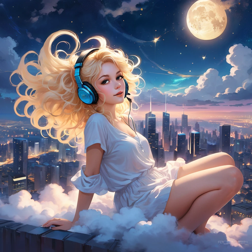 a beautiful 20 year old blonde woman with big messy hair laying down on a cloud in the sky floating over a cityscape at night, wearing headphones, twinkling stars and glowing moon, fantasy art style, rossdraws cartoon vibrant, cyberpunk, cute detailed digital art, colorfull digital fantasy art, digital fantasy art ), glossy digital painting, rossdraws pastel vibrant, rossdraws 2. 5, rossdraws 1. 0