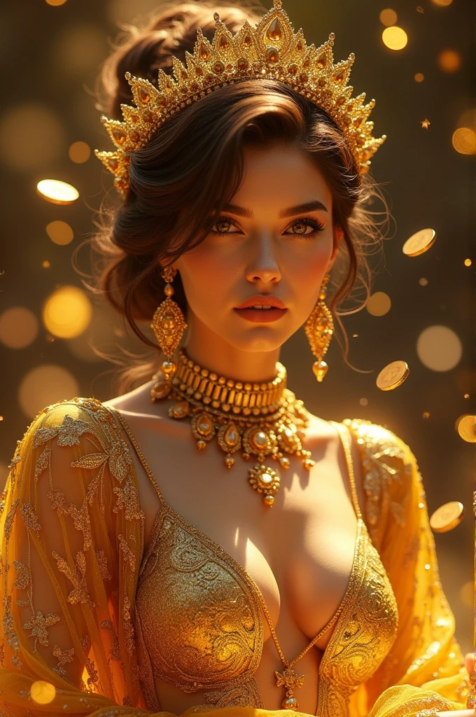 Aurum is an imposing and luxuriant female figure, with a generous, curvaceous silhouette, Giant tits, reminds me of anime characters. You are dressed in queen&#39;s clothes, adorned with golden jewels and precious stones that shine brightly. Your gaze is penetrating and full of intensity, transmitindo poder e autoridade. You are surrounded by coins and shiny elements that accentuate your aura of wealth and magnificence.