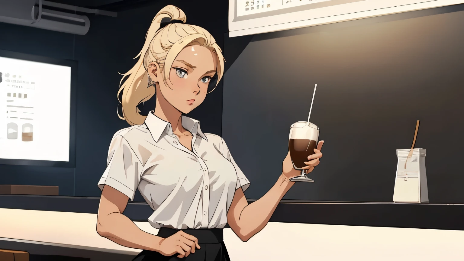 a little schoolgirl girl in a white shirt and a black skirt, a blonde with a high ponytail, holds out a glass of coffee forward to the screen