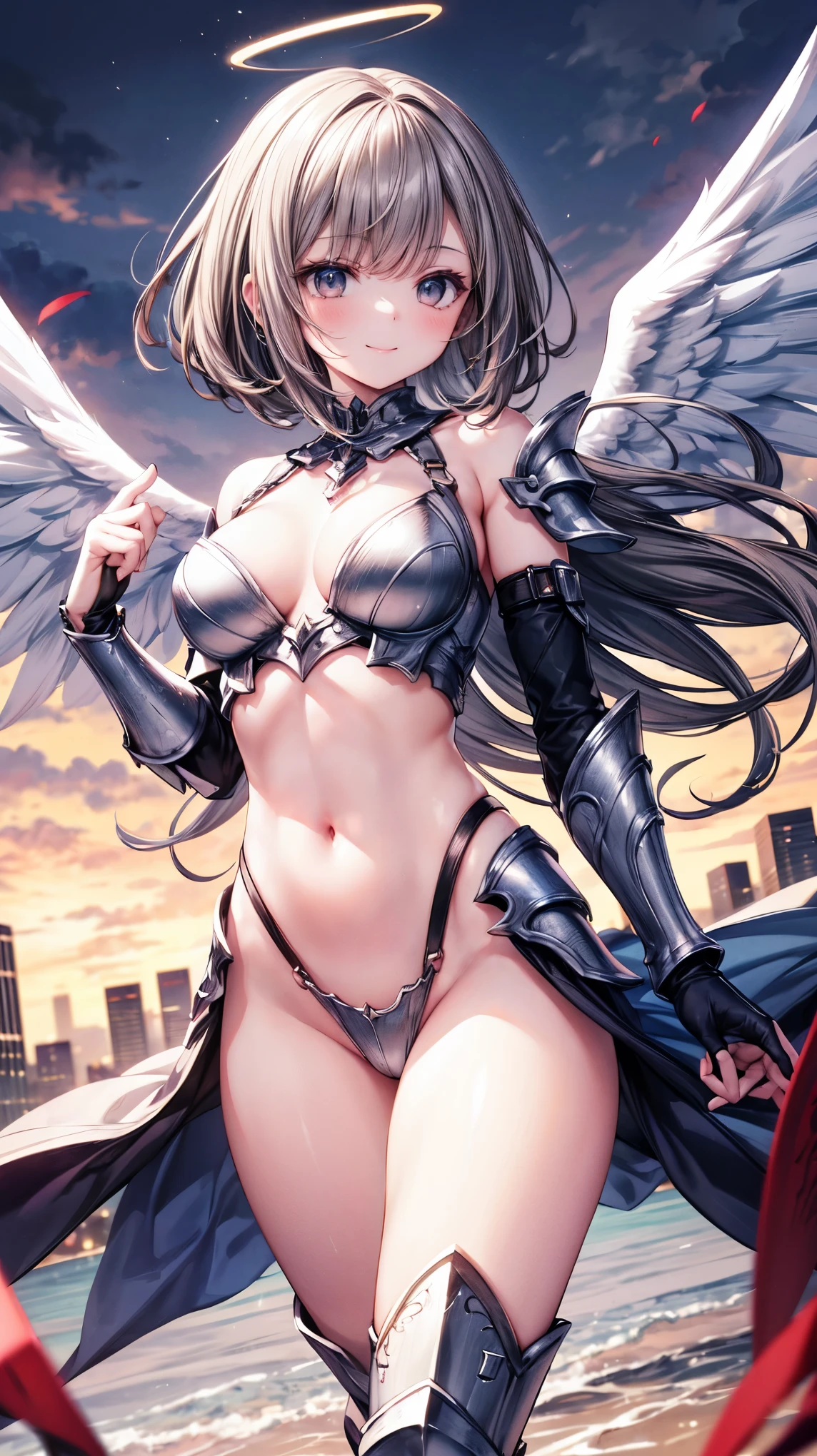 fantasy, 1angel_girl,(young_teen:1.5), ,brown_hair, medium_bob_hair, long_bangs, halo,bare_shoulder,thighhighs,silver_armor, waist_armor, large_breasts,1pair_wings, dynamic_pose_fighting,floating, bare_crotch, headgear,gauntlet, greaves,city_landscape_background,slightly_spread_legs, solo, groin_naked,smile