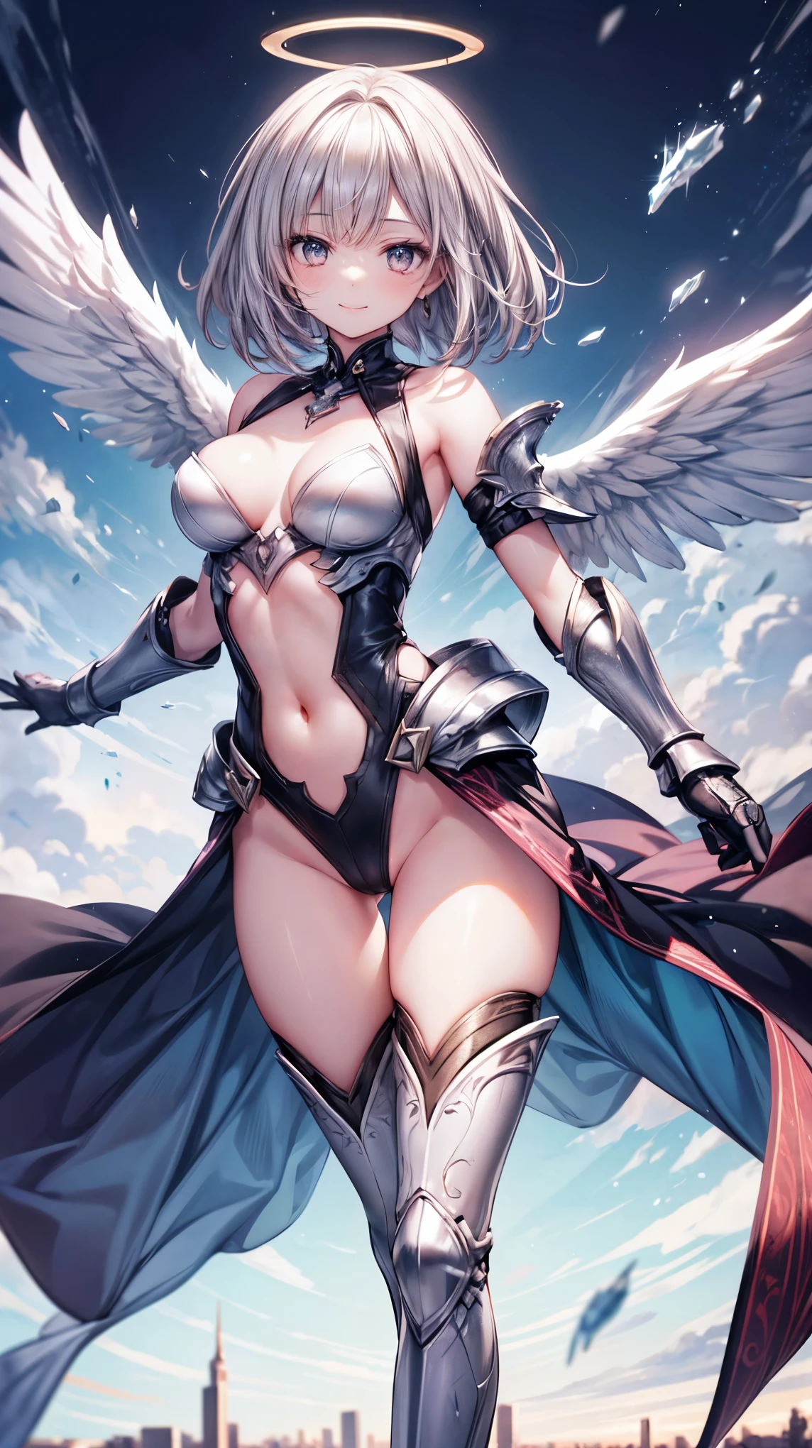 fantasy, 1angel_girl,(_teen:, ,brown_hair, medium_bob_hair, long_bangs, halo,bare_shoulder,thighhighs,silver_armor, waist_armor, large_breasts,1pair_wings, dynamic_pose_fighting,floating, bare_crotch, headgear,gauntlet, greaves,city_landscape_background,slightly_spread_legs, solo, groin_naked,smile