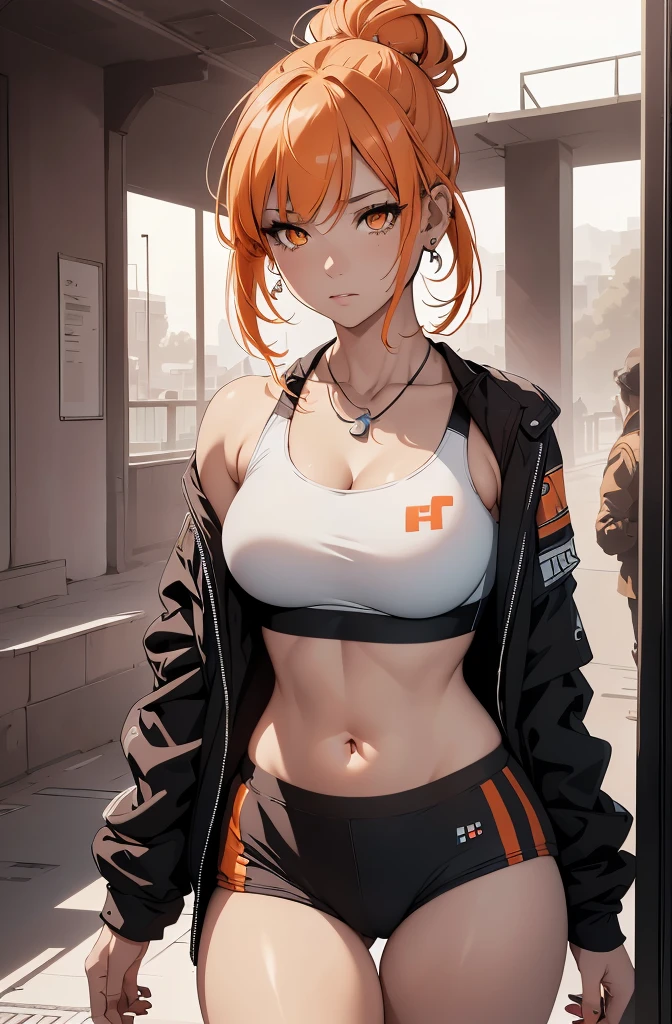 realistic, Beautiful detailed girl, clear and beautiful, Personage as the main perspective, shiny_skin, girl,woman,female, young,25 years old, (medium hair), bangs, (Top knot:1.3), sidelocks, orange hair, (beautiful detailed Glass hair), pink streaked hair,beautiful detailed cold face, cold expression, complex details beautiful and delicate eyes, fingernails, medium_breasts, , orange eyes, Authentic skin texture, gleaming skin,(Multiple piercings), necklace,(sports bra:1.3),(racing bloomers:1.3),bloom,(line art:1.2),realistic illustration,(unreal engine),(GoPro),(insanely detailed),perfect shading,(digital art),(ray tracing),(intricate detailed),creative refinement,(dark atmosphere)