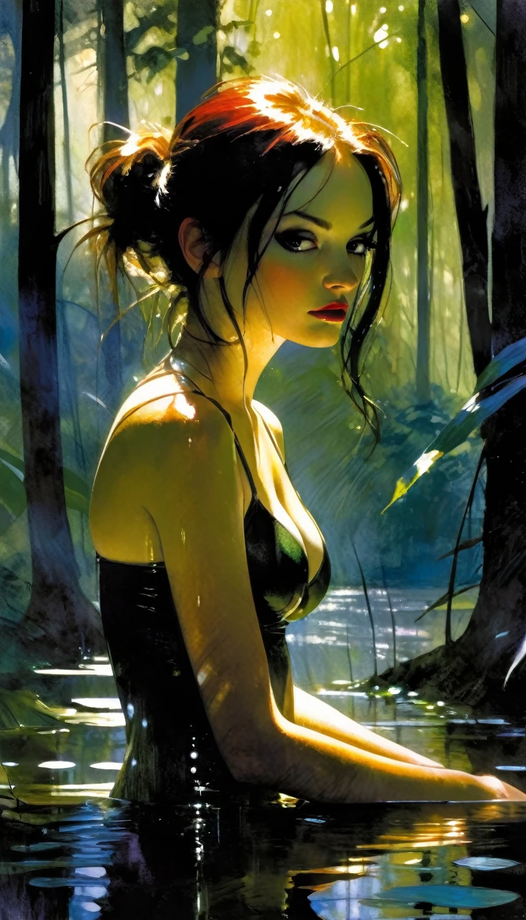 a sexy and beautiful girl in a large summer forest, sunlight reflecting on a river,bikini, the girl preparing to take a bath, detailed face and body, detailed environment, lush greenery, sunlight shimmering on water, serene atmosphere, between shadows, oil painting, chiaroscuro, sensual, dramatic lighting, moody atmosphere, photorealistic, intricate details, masterpiece, ultra-detailed, high quality, 8k, best quality, realistic, cinematic, dark and brooding, expressionistic, powerful composition, emotional impact, Bill Sienkiewicz inspired art

