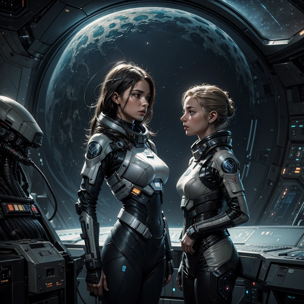 detailed futuristic female interstellar fleet military officer,alien,planetary colony base,intricate sci-fi interior,advanced technology,dramatic lighting,cinematic composition,concept art style,photorealistic,8k,highres,masterpiece,ultra-detailed