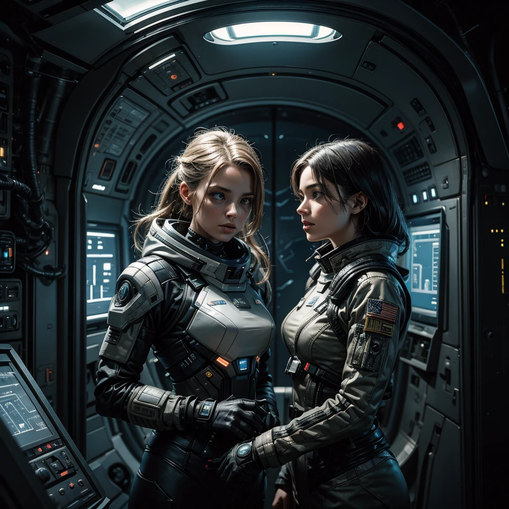 
a futuristic female interstellar fleet military officer talking to an alien inside a planetary colony base