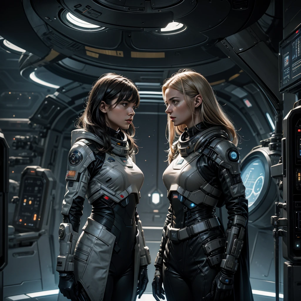 Create a high-quality, highly detailed, and cinematic-style image depicting a futuristic scene inside a spaceship in deep space. The focus of the image should be on a sleek, advanced female robot with a humanoid design, preparing a special coffee. The interior of the spaceship should be sophisticated, featuring technological panels, soft lighting, and a panoramic view of space through large windows or portholes.

The female robot should be operating a high-tech coffee machine with an elegant and futuristic design. She should be dressed in a high-tech robotic suit with metallic elements and subtle integrated lights. The special coffee should be prominently featured, with steam rising from the machine and an elegant cup being prepared with precision. The scene's lighting should be soft and cinematic, highlighting both the female robot and the coffee machine, creating a dramatic contrast with the dark backdrop of space.