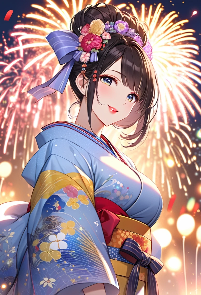 {L{worst quality, low-quality}, ((a closeup)), (girl with:1.2), (Big breasts), (A dark-haired, short-cut:1.3), plump shiny lips, Beautiful clear eyes, (The best smile), Spoken Heart, (perfect hand:1.2), (firework theme:1.4), (Japanese courtesan girl with:1.3), (Comes with maxi length Blue kimono [yellow] Obi:1.4), (Highly detailed and colorful embroidery and fancy firework patterns :1.3), (off shoulders:1.4), (geta:1.2), (Fancy hair ornaments:1.3), ((super huge ribbon:1.2) in front of the waist:1.3), low angle shot, (dazzling fireworks light1.4), (beautiful fireworks background:1.2), masutepiece,Best Quality,ultra-detailliert, ​masterpiece,