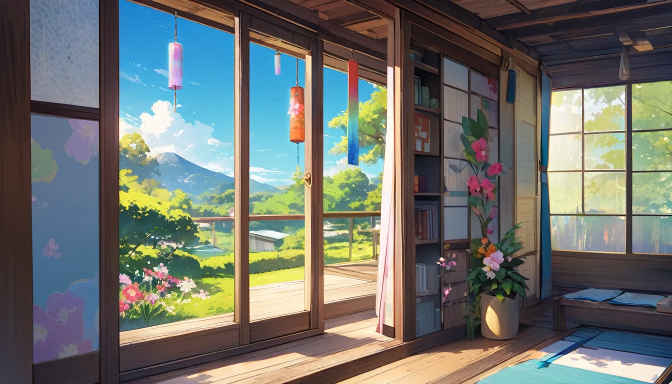 Illustration of a tranquil Japanese garden view from inside a Japanese-style room, Lush, Japanese Wind Chimes, Blooming summer flowers, blue sky, Hot midsummer sunshine, Breeze, Calming atmosphere, Attention to detail, Calm.