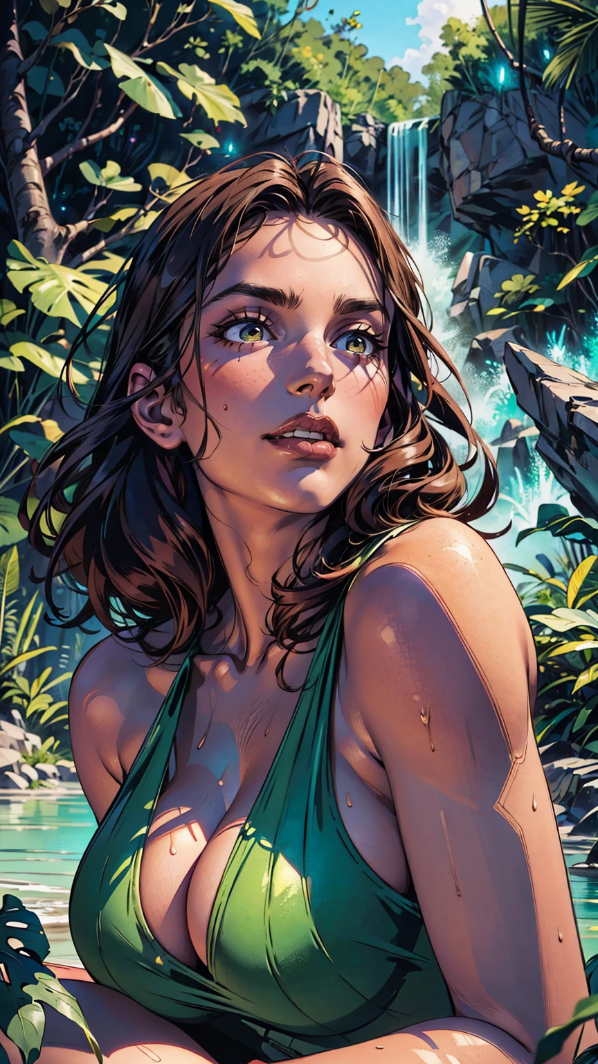 1 beautiful woman with long dark brown hair,perfect body,huge breasts,extremely sexy and attractive poses,in huge tropical jungle with waterfalls,wearing a transparent very wet dress,(best quality,4k,8k,highres,masterpiece:1.2),ultra-detailed,(realistic,photorealistic,photo-realistic:1.37),photorealistic,highly detailed,cinematic lighting,dramatic lighting,warm color palette,volumetric lighting,lush tropical foliage,fantasy landscape