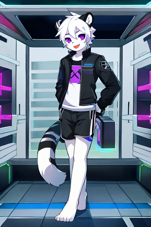 White fur tiger, little, adolescent , with white tail, White hair, black jacket, address shirt, shorts negros, purple eyes, hacker, sticking out tongue, only 