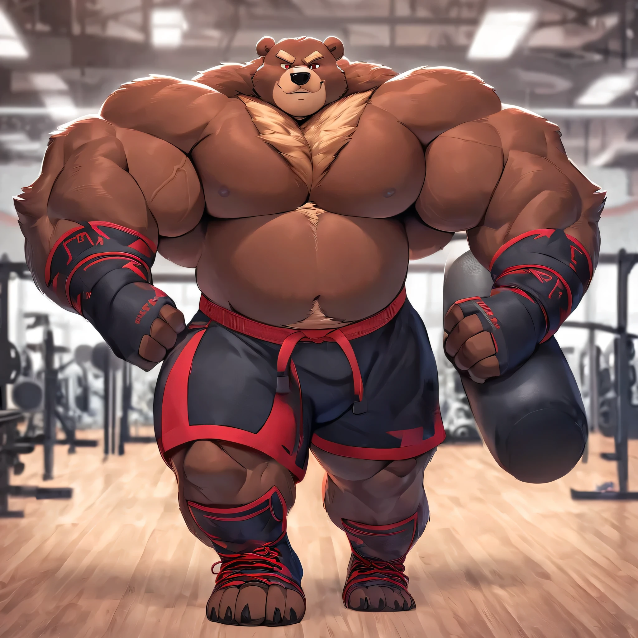 Solo, 1boy, huge muscular kodiak brown bear in big gym fitness center, big smirking, kodiak bear, huge brown fur, thick arms, huge arms, big fists, veins all over arms and chests, bald, big brown mustache and beard, (muscular, pectoral, wide pectoral, thick arms), HEIGHT: 220CM, WEIGHT: 320KG, gym sets, workout equipments, ring, punching bag, 8k, masterpiece, added cinnamon colored eyebrows, deatiled eyes with red pupils, (wearing black mixed martial arts shorts with red slits, black mixed martial art fingerless gloves with red pads, black toeless footwear tapes, shirtless and topless), punching and kicking techniques,