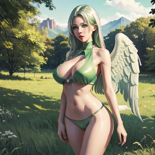 foreground, Girl, soft white skin, parts, with green eyes, voluminous lips, perfect body, slim and detailed, huge breasts, Wide hips, waist and green landscape, Nswf, big angel wings