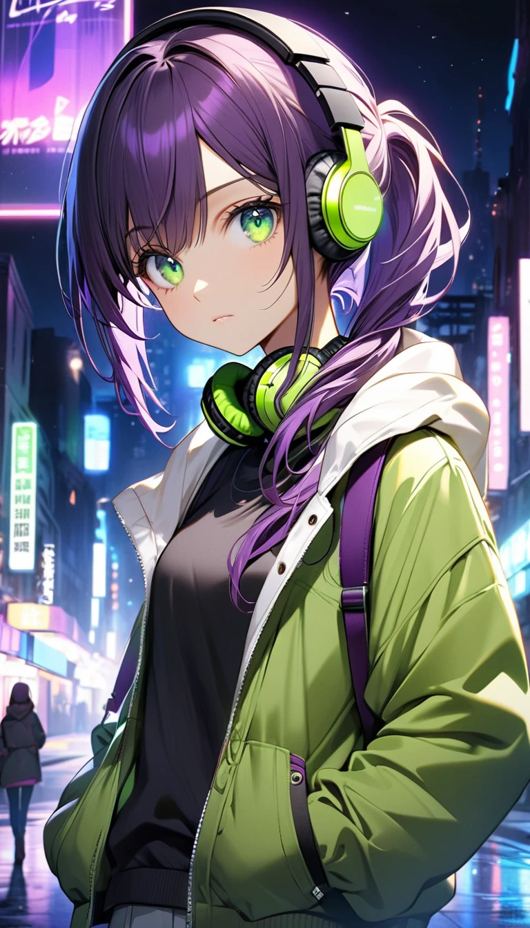 One girl, perfect face, age girl body, tyrian purple pony tail hair, green shining eyes color, olive skin color, cold staring, tomboy casual outfit, night city glowing background , purple headphones on the neck