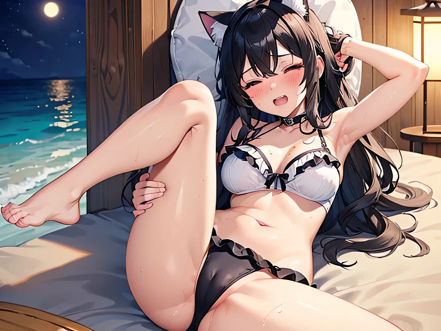 (masterpiece、Attention to detail),(Detailed and accurate face),beautiful girl、18-year-old、((Cat ear、Long black hair、Double teeth、Curly hair)),(Sunburned skin、Cute swimsuit with ruffles)、sexy、((blush、Ecstasy face、Close your eyes and yawn))、(Sweat),(My thighs are wet),(Sleep on your back、Spread your legs、missionary position),((Sandy beach at night))