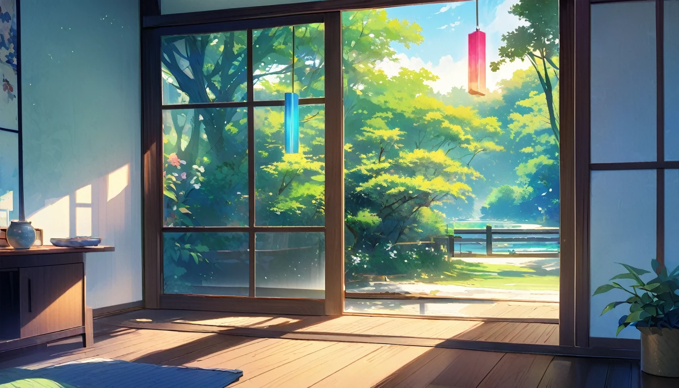 Illustration of a tranquil Japanese garden view from inside a Japanese-style room, Lush, Japanese Wind Chimes, Blooming summer leaves, blue sky, Hot midsummer sunshine, Breeze, Calming atmosphere, Attention to detail, Calm.