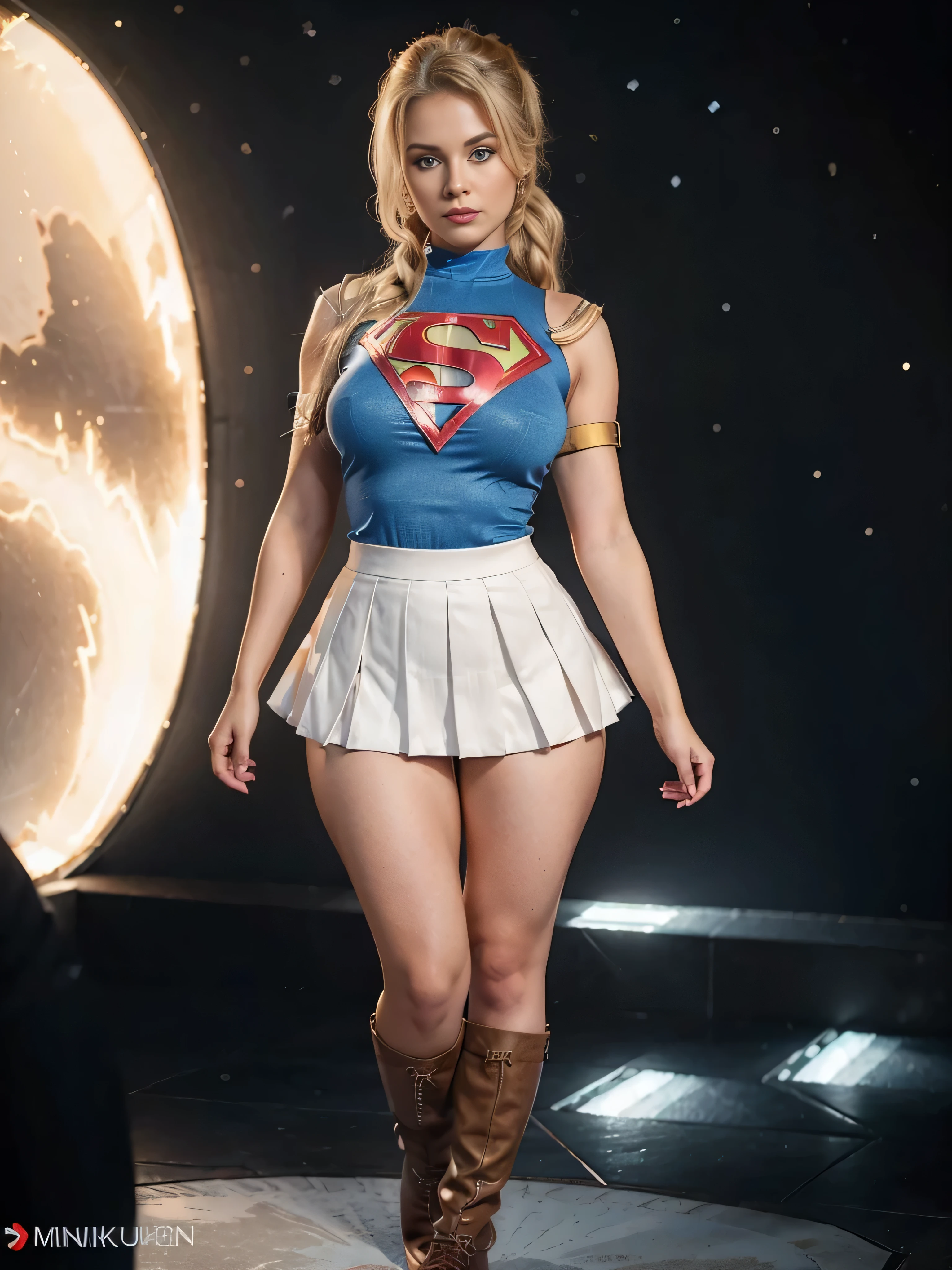 4k, realistic, charismatic, very detailed, there is a girl in the sky, dressed in a super girl costume, she is a super girl, superhero theme, blonde large hair, ponytail, 20 years, full body, (detail in the eyes), (detail in the face), incredibly beautiful, blue eyes, blush, makeup, red lipstick, miniskirt, (wide hips),  (thick thighs), small breasts, dress,, seductive pose, (extreme hourglass figure), thin, svelte, white skirt, boots, tight t-shirt, ((pleated mini skirt))