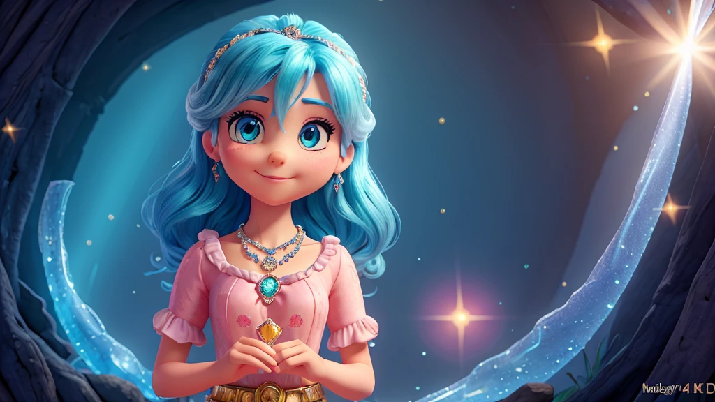 necklace in the hands of a person enchanted necklace with a blue stone in the shiny center, glitters and flashes of color coming out of the necklace,, ilustrativo de Disney, (Best Quality, 4k, 8k,High resolution ,masterpiece:1.2) colors, Elements, magic, colors, Sun rays, gentle breeze. Gran composición con gran detalle y colors, Retailer, cheered up, Disney. colors vivos, muchos colors, details on the necklace, details on hands and fingers that hold it, light background