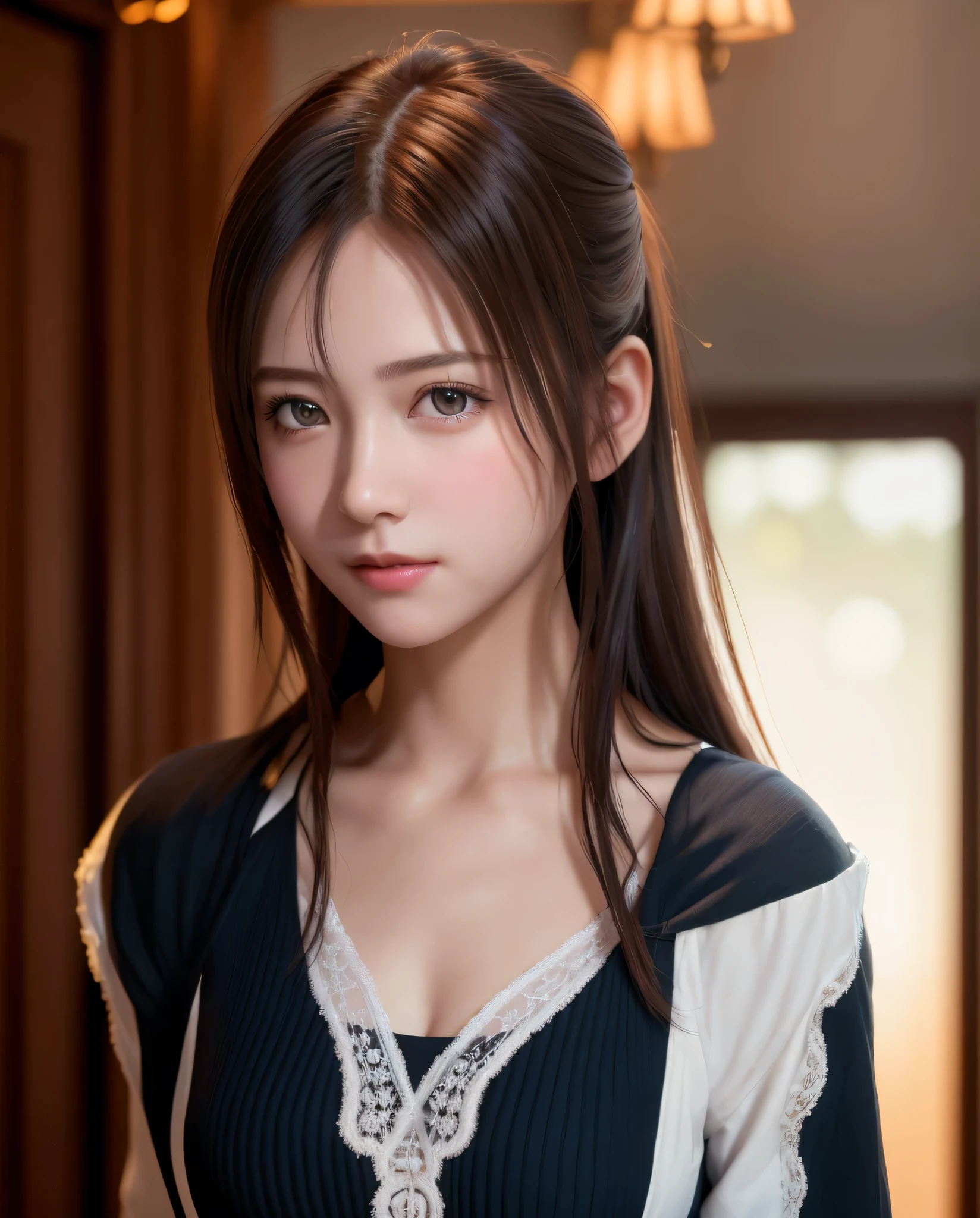 8K, of the highest quality, masutepiece:1.2), (Realistic, Photorealsitic:1.37), of the highest quality, masutepiece, Beautiful young woman, Pensive expression,、A charming、and an inviting look, Cute Maid Clothes, Hair tied back, Cinematic background, Light skin tone