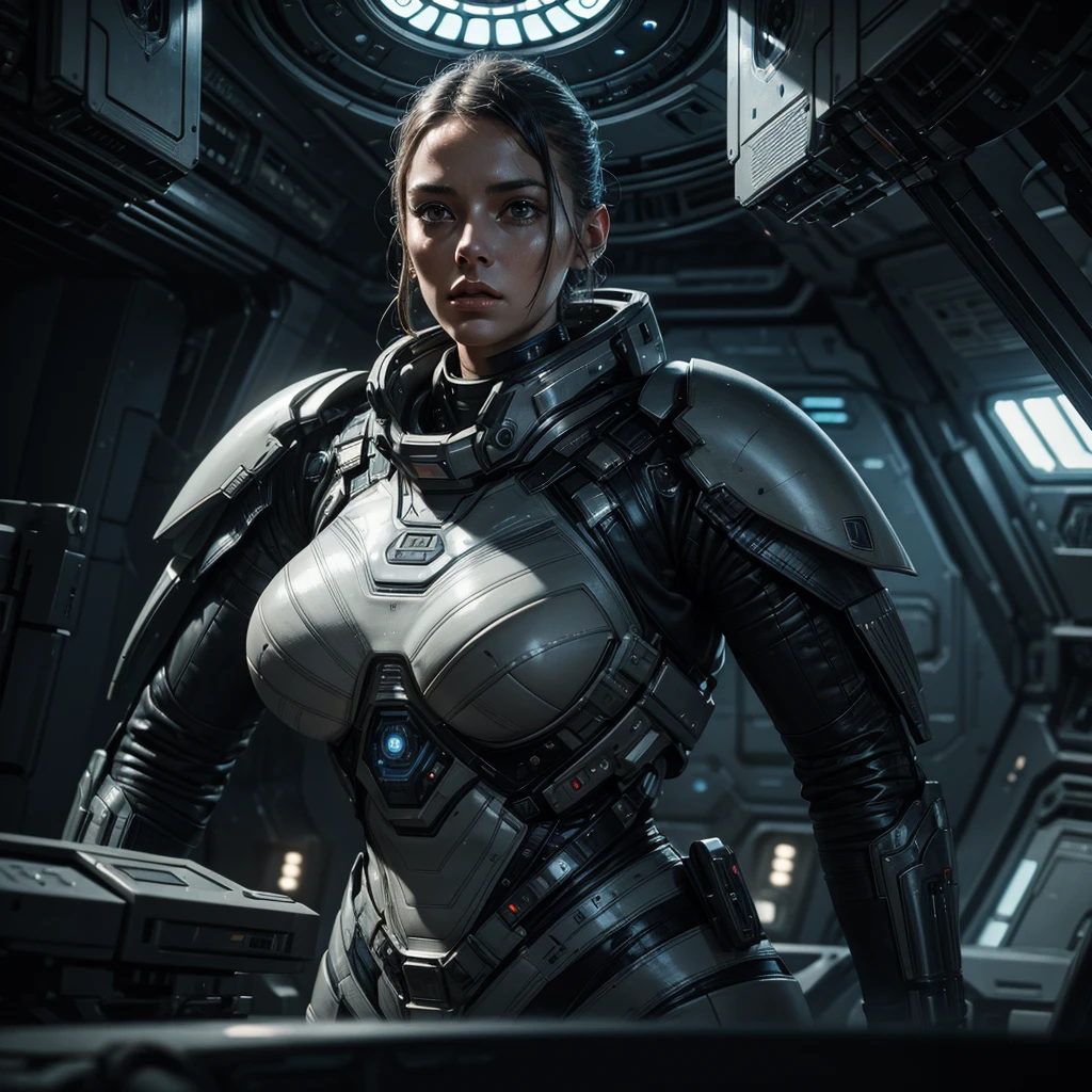 Medium long body shot of a beautiful woman Beautiful breasts, big breasts in an astronaut bikini and floating in space, cybernetic suit raven, hyperrealistic fantasy art, beautiful replicant girl, sexy body, sci-fi fantasy art, detailed sci-fi art, Sci-fi movie atmosphere background , light effect ,elegant pose,