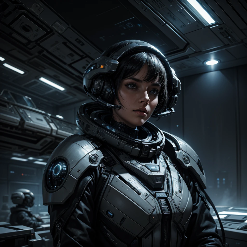 detailed futuristic female interstellar fleet military officer,alien,planetary colony base,intricate sci-fi interior,advanced technology,dramatic lighting,cinematic composition,concept art style,photorealistic,8k,highres,masterpiece,ultra-detailed