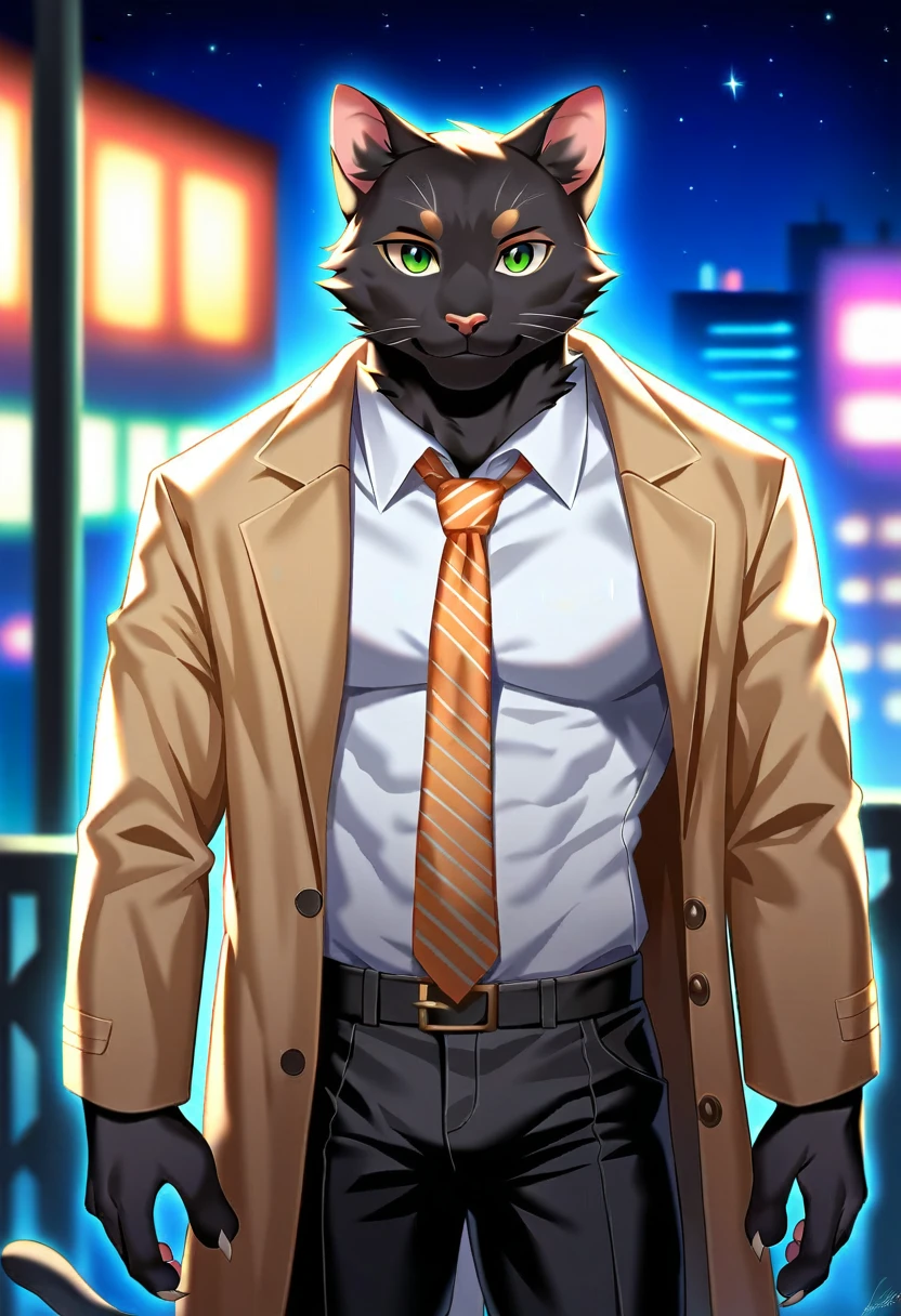 score_9, score_8_up, score_7_up, ferdinandclooney, ferd-researcher, 1boy, solo, male focus, mature male, looking at viewer, smile, short hair, brown hair, multicolored hair, brown eyes, facial hair, stubble, animal ears, cat ears, cat tail, cat boy, spotted tail, long sleeves, beige jacket, brown vest, white shirt, open clothes, spotted necktie, brown necktie, collared shirt, brown pants, formal, suit, cowboy shot, standing, laboratory interior 