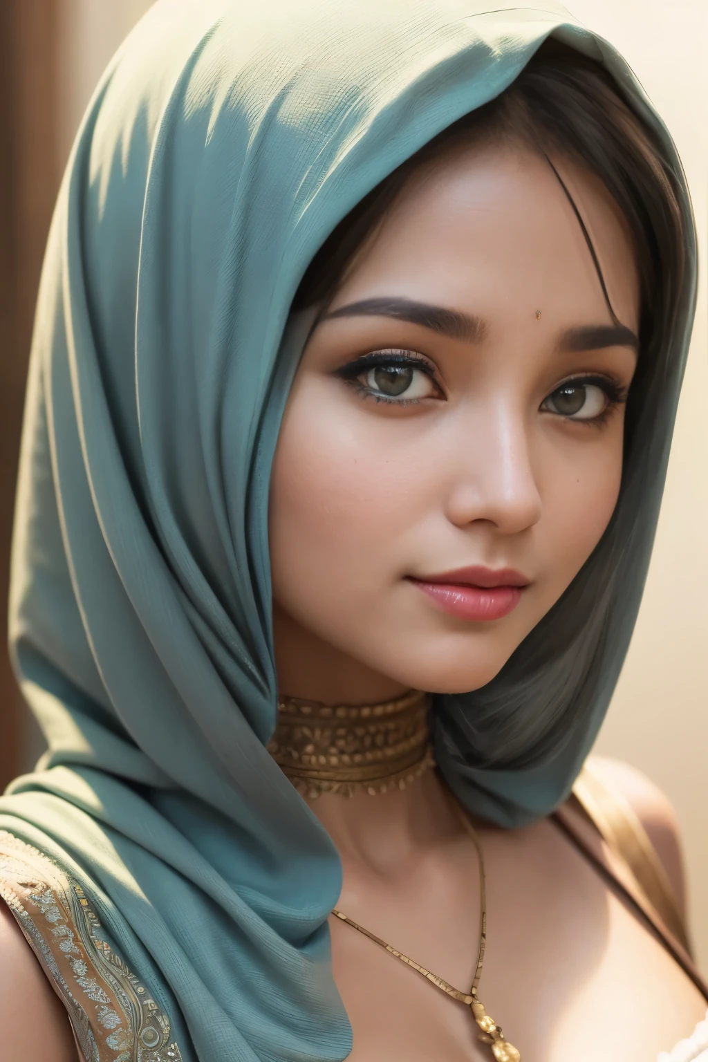 colorful, tombraider, cleavage, hijabi, Absurd, ultra-detailed, high quality, masterpiece, detailed face, beautiful eyes(detailed eyes), javanese, gentle and graceful, face exudes warmth and kindness, eyes described as soft and comforting, gentle and steady gaze, overall appearance is simple and modest, The fabric of her garments is usually depicted as soft and earth-toned, beauty lies not in extravagant adornments, Her smile is serene and welcoming