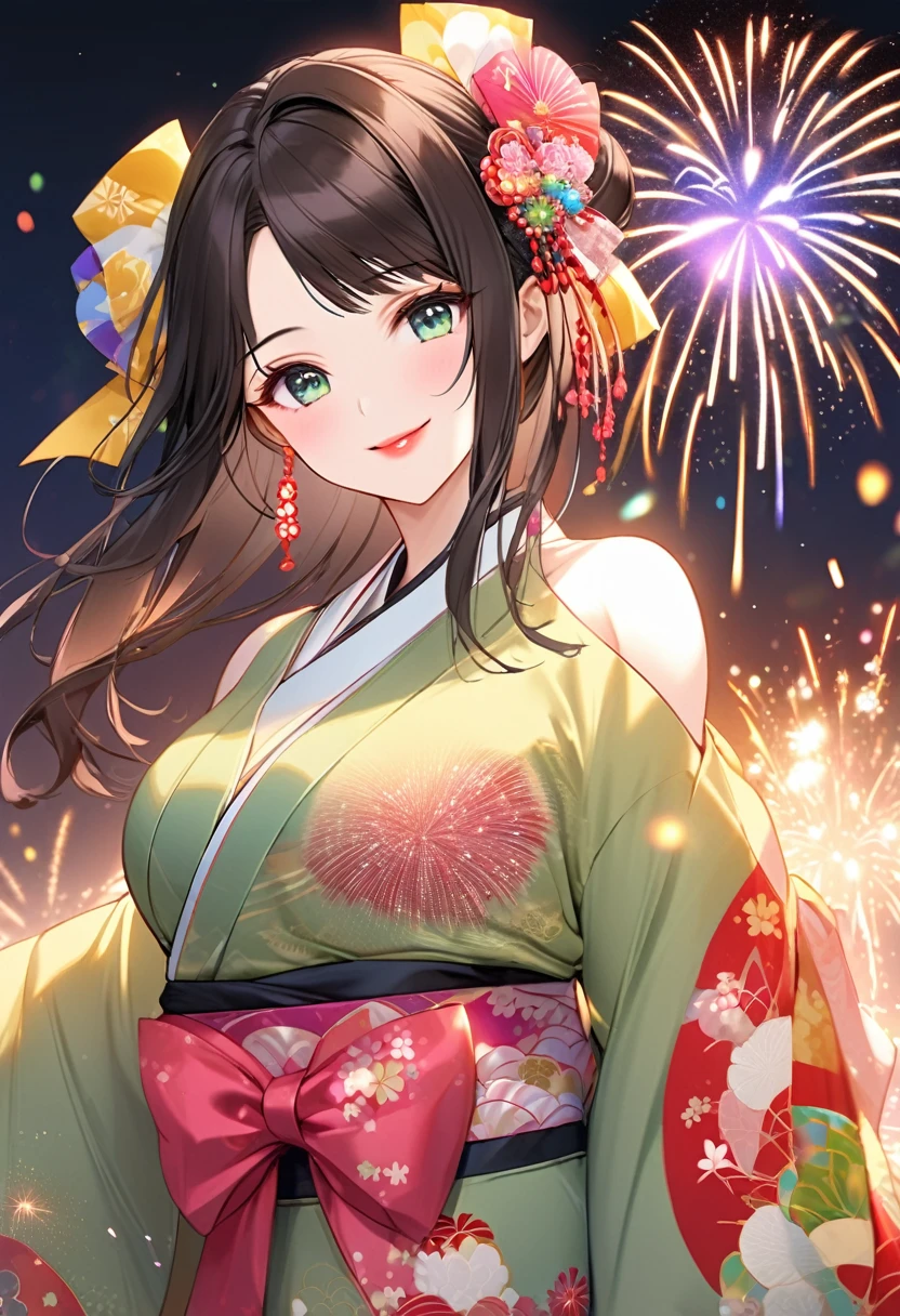 {worst quality, low-quality}, ((a closeup)), (girl with:1.2), (Big breasts), (A dark-haired, short-cut:1.3), plump shiny lips, Beautiful clear eyes, (The best smile), Spoken Heart, (perfect hand:1.2), (firework theme:1.4), (Japanese courtesan girl with:1.3), (Comes with maxi length green kimono [yellow] Obi:1.4), (Highly detailed and colorful embroidery and fancy firework patterns :1.3), (off shoulders:1.4), (geta:1.2), (Fancy hair ornaments:1.3), ((super huge ribbon:1.2) in front of the waist:1.3), low angle shot, (dazzling fireworks light1.4), (beautiful fireworks background:1.2), masutepiece,Best Quality,ultra-detailliert, ​masterpiece,